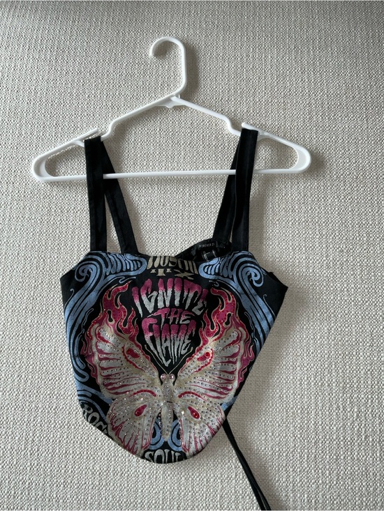 Forever 21 Tops - Black Graphic Butterfly Crop Top with Pink and Blue Accents